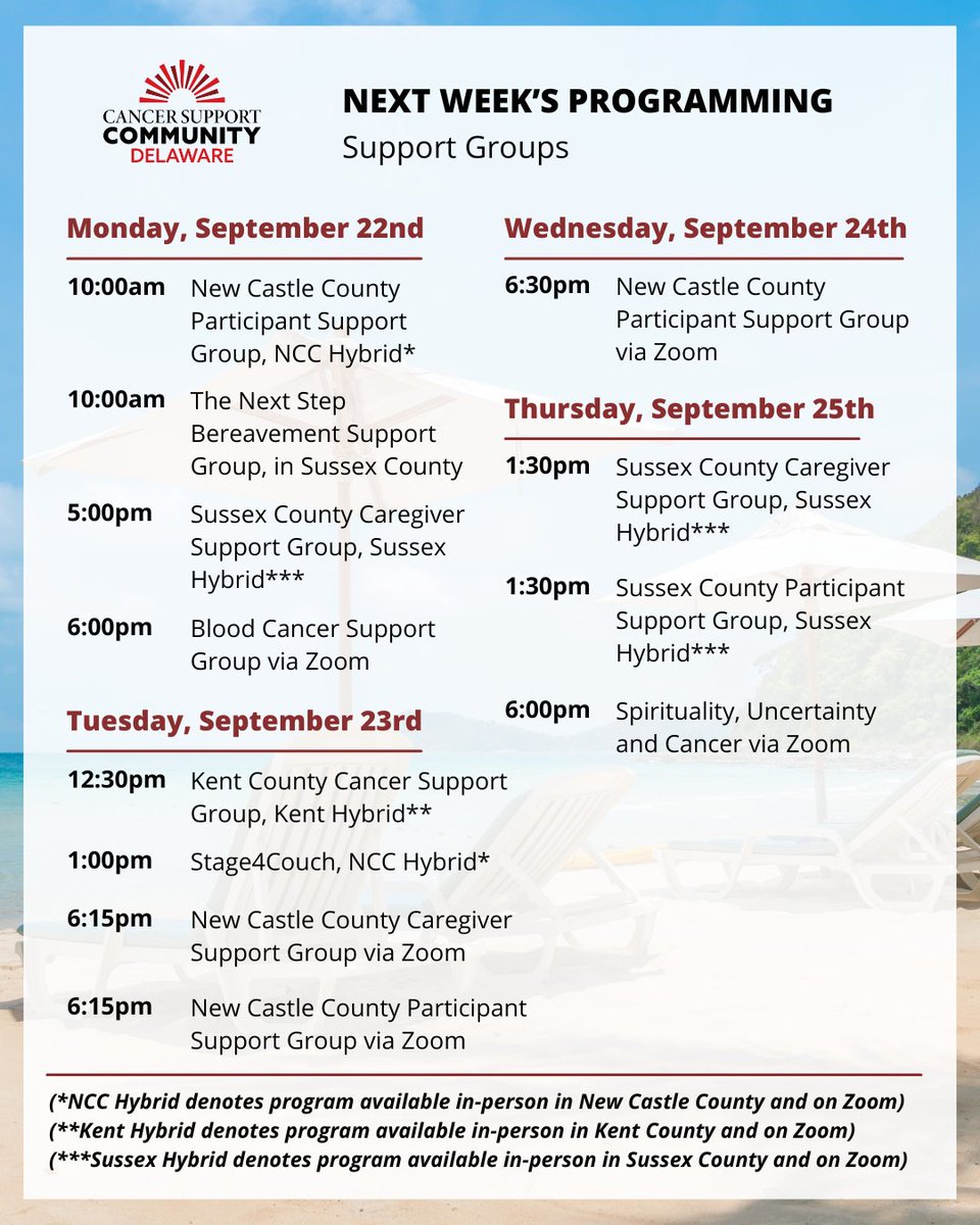 CancerSupportDE's tweet image. Here is what&apos;s coming up next week at #CSCDE

CSCDE encourages individuals on a cancer journey—and their caregivers—to make regular exercise a part of their treatment plan. Check out and register for our Health Lifestyle classes at form.jotform.com/210674530178152
#CSCDE #CancerSupport…