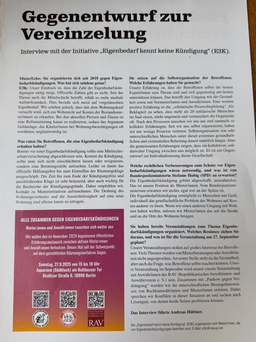 Gegenentwurf zur Vereinzelung
Interview mit der Initiative „Eigenbedarf kennt keine Kündigung“ (E3K). 
 <a href="/MieterEcho/">B.MieterGemeinschaft</a> #Mietenbewegung