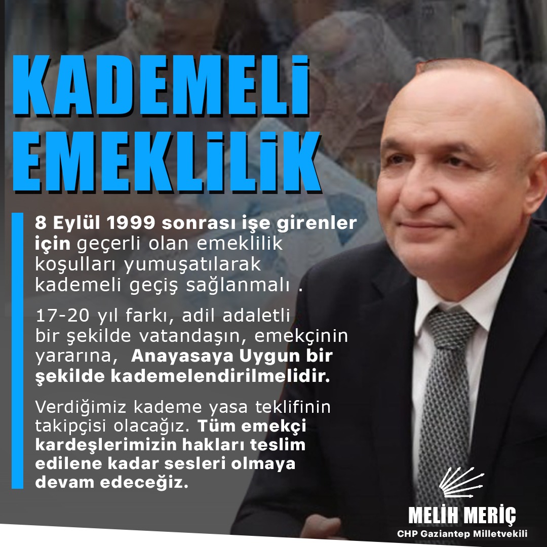 8 Eylül 1999 sonrası işe girenler için geçerli olan emeklilik koşulları yumuşatılarak kademeli geçiş sağlanmalı .

🩸17_20 yıl farkl adil adaletli bir şekilde vatandaşın, emekçinin yararına,  Anayasaya Uygun bir şekilde kademelendirilmelidir.

🩸Verdiğimiz kademe yasa teklifinin