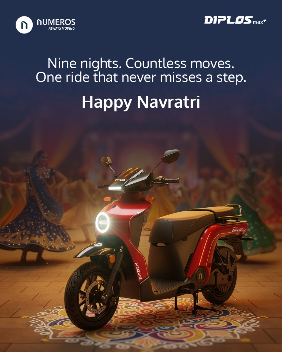 From garba beats to greener streets - wishing you an electrifying Navratri!
Wishing you a vibrant Navratri - full of light, color, and clean rides.
Happy Navratri!

#NumerosMotors #AlwaysMoving #DiplosMaxPlus #EV #HappyNavratri