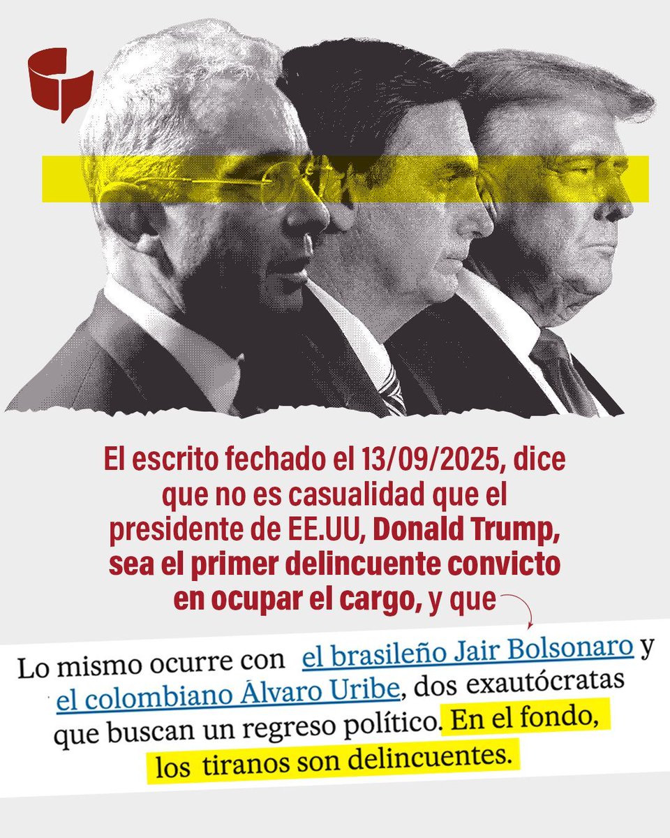 cuestion_p's tweet photo. El condenado expresidente Álvaro Uribe Vélez apareció nombrado en una columna de El País de España (@elpais_espana) titulada "Delincuentes al mando". Su mención en ella no lo deja bien parado. 🫢  Desliza y te contamos 👆 https://t.co/k9FxsQsTLB