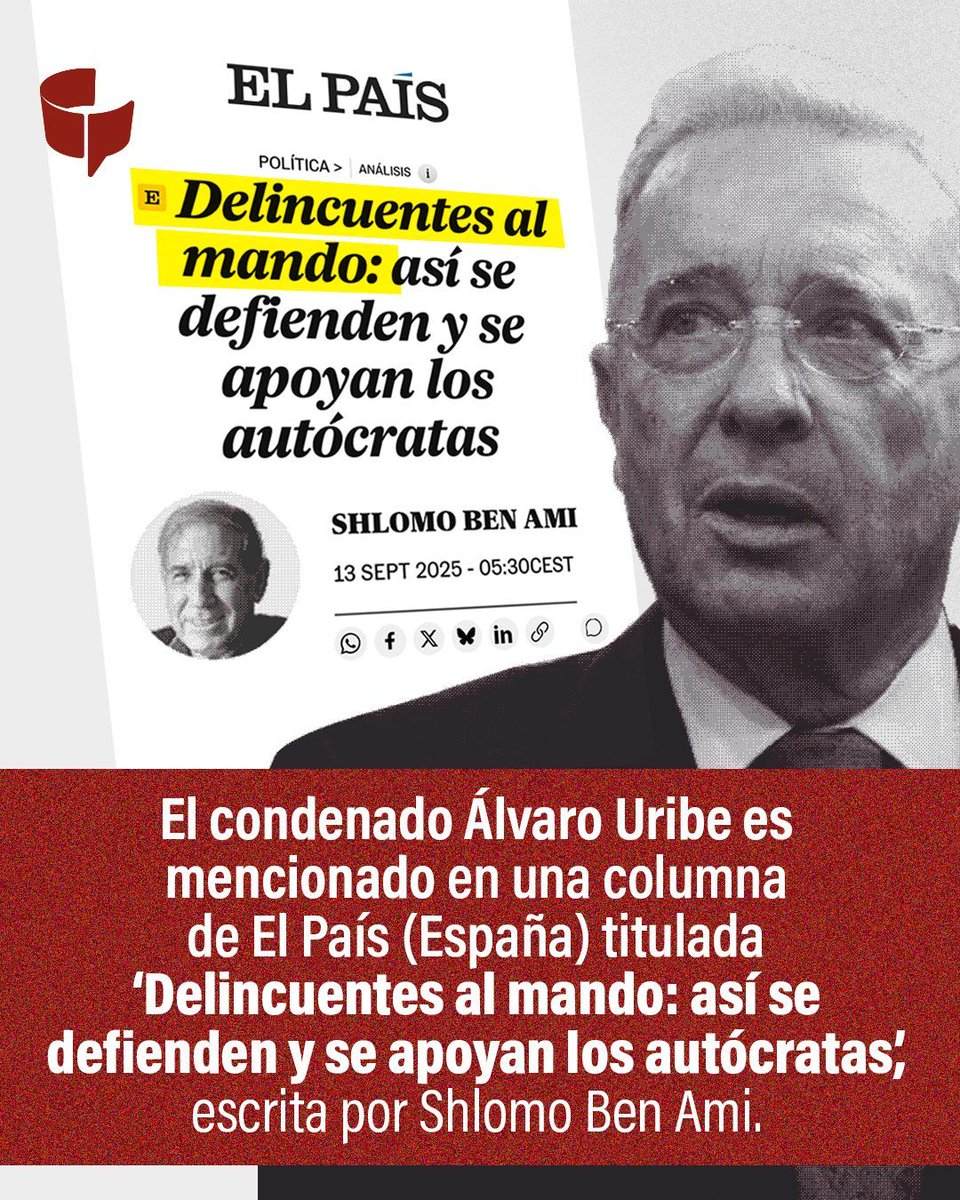 cuestion_p's tweet photo. El condenado expresidente Álvaro Uribe Vélez apareció nombrado en una columna de El País de España (@elpais_espana) titulada "Delincuentes al mando". Su mención en ella no lo deja bien parado. 🫢  Desliza y te contamos 👆 https://t.co/k9FxsQsTLB