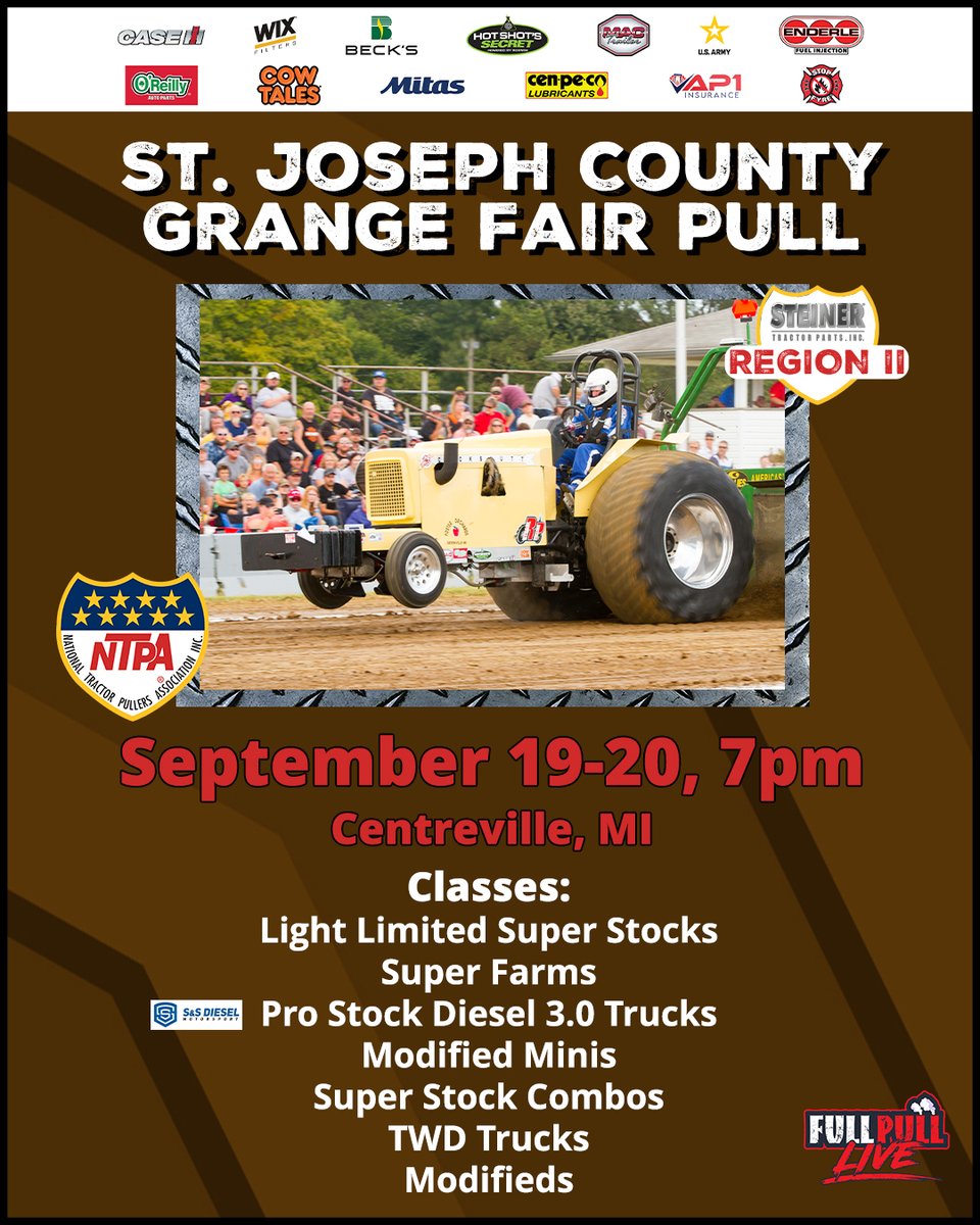 NTPApull's tweet photo. Get ready for raw horsepower and hometown prideโthe St. Joseph County Grange Fair Pull in Centreville, MI is where engines roar and legends are made! Donโt miss the thunder of the track and the thrill of the pull that brings the whole community to its feet! #pullingtime #tonight https://t.co/mqVYOE3vYl