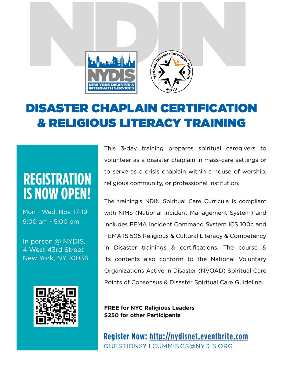 Register Now: NYDIS-NDIN Disaster Chaplain Training November 17-19 (NYC/Manhattan)
ow.ly/Ku1150WZ5hv