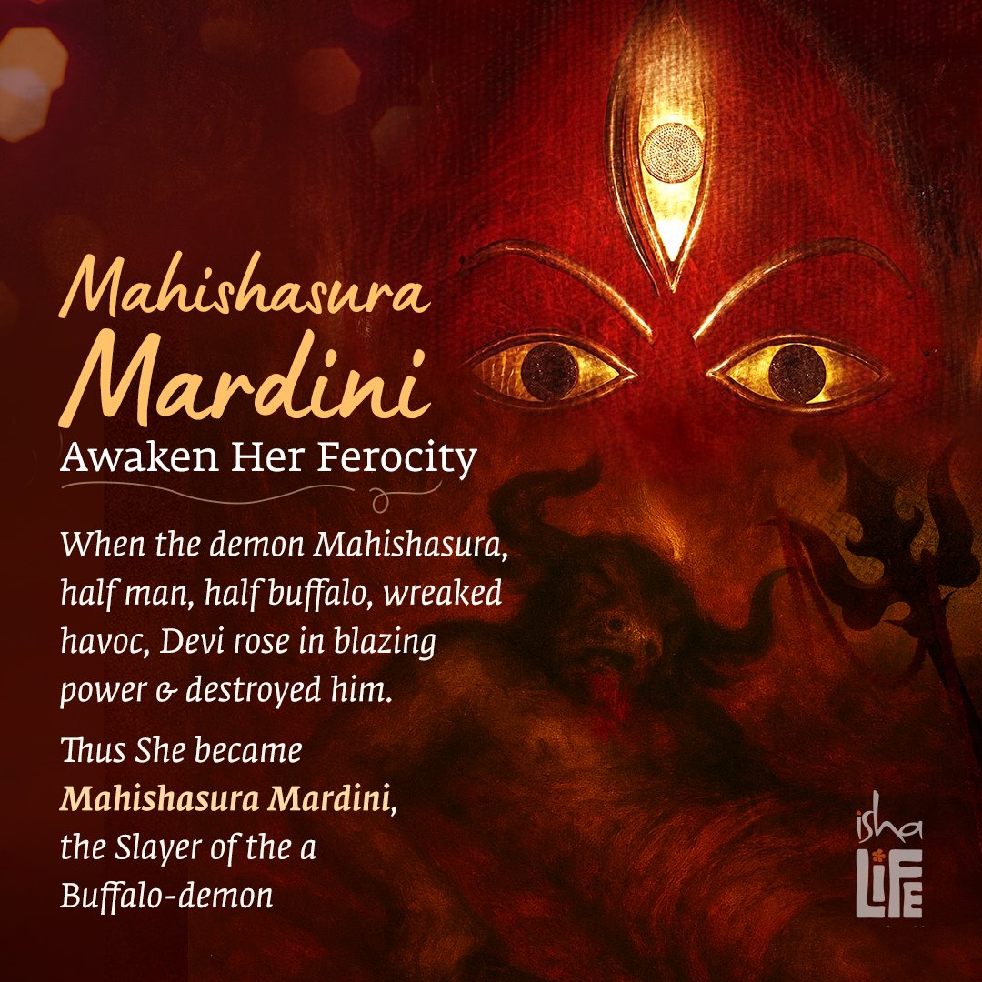 Ishalifeindia's tweet photo. Have you ever wondered why Devi has buffalo horns at her feet? 

Read the fiercest story of Navratri!

#ishalife #forconsciousliving #devi #mahishasuramardini #lingabhairavi #navratri2025 #graceofdevi #sadhana https://t.co/6fpfdhKG47