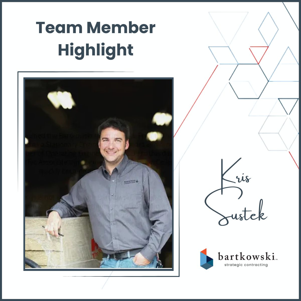 Bartkowski_LSC's tweet image. Meet Kris, our #ProjectExecutive at Bartkowski. With 15 years as a Stationary Engineer, he’s been key to our success since 2013. Outside work, Kris loves family time, sports (Go Sox!), camping, and caring for his Door County cottage. #Team