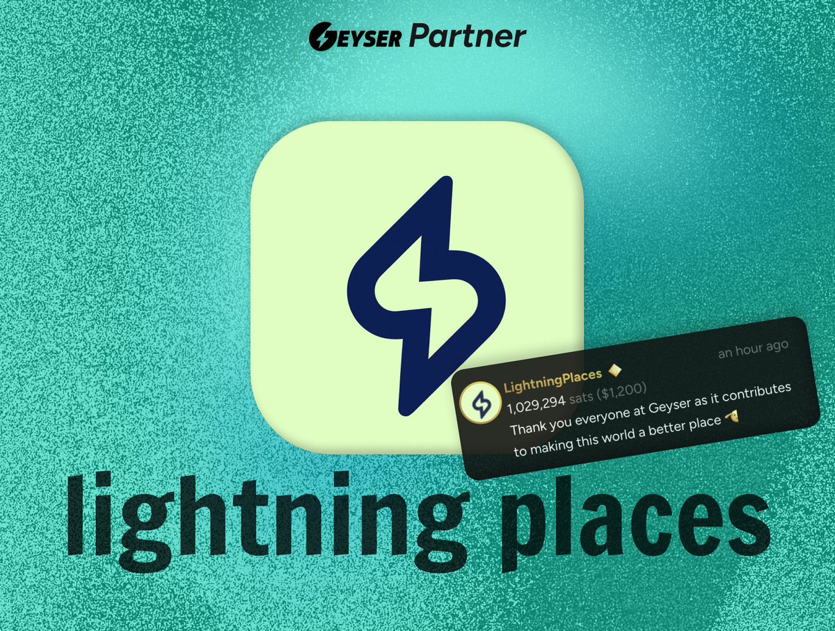 🎉 We’re excited to welcome Lightning Places to the Geyser Partners family! 💙

Lightning Places is on a mission to accelerate Bitcoin adoption for small-to-medium businesses, by helping them accept Bitcoin.

What is Geyser Partners? 
It’s our network of Bitcoin brands united by