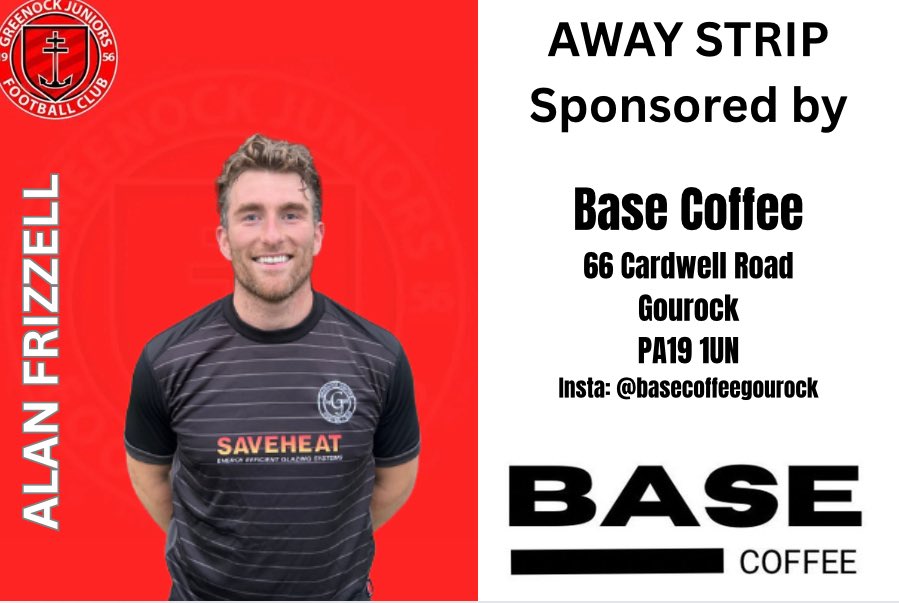 🚨 Sponsorship News 🚨

We’re delighted to announce that Base Coffee on Cardwell Road, Gourock ☕️ is proudly sponsoring experienced forward Alan Frizzell this season! ⚽️💪

Huge thanks to the team at Base Coffee for their support 🙌