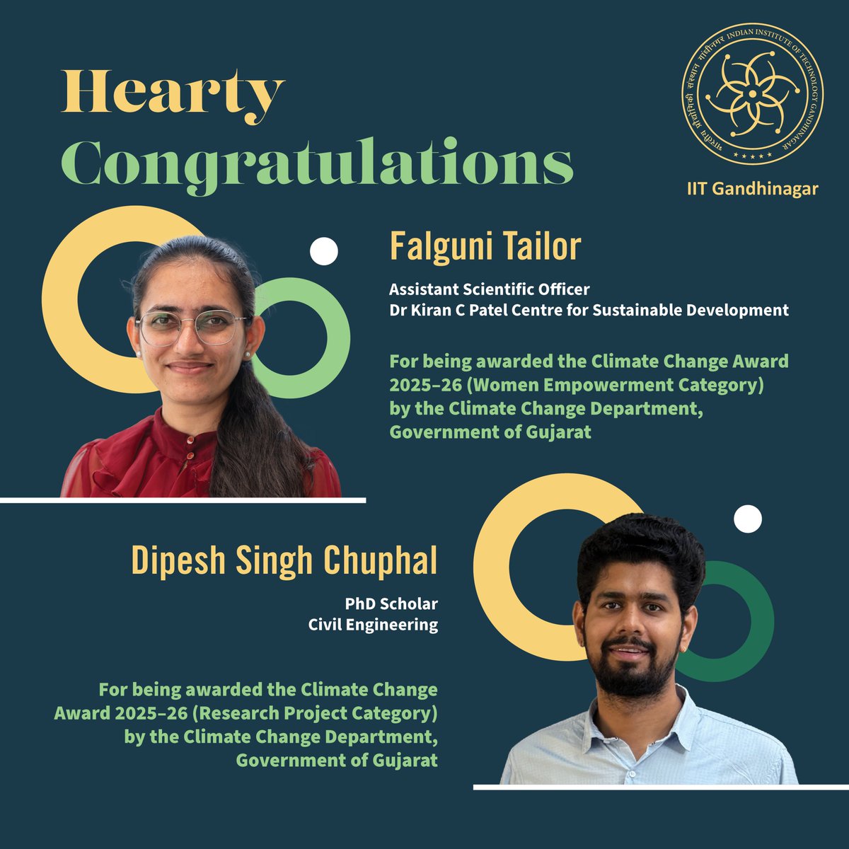 Falguni Tailor &amp; Dipesh Singh Chuphal from #IITGN were awarded the Climate Change Award 2025–26 for their remarkable contributions to sustainability, climate resilience, and research excellence. #ClimateChangeAward #ClimateAction #ProudMoment