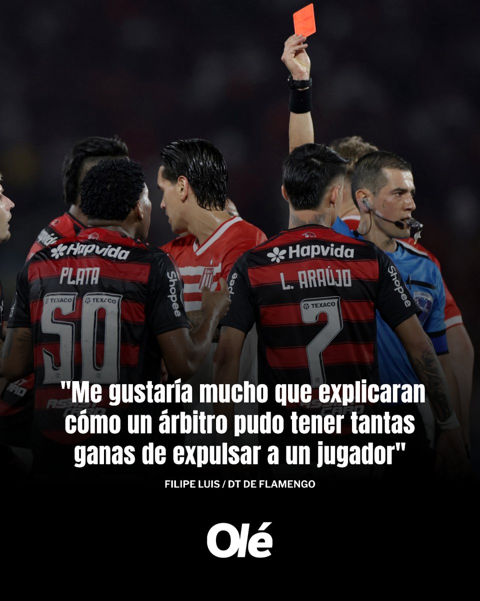 Filipe Luis, DT de Flamengo, explotó contra el árbitro Andrés Rojas por la expulsión de Gonzalo Plata en el duelo ante Estudiantes 😡🇧🇷

💬 "Desafortunadamente, hoy el árbitro quiso ser el protagonista del partido. Y cuando eso sucede, cobra sin concentrarse, sin mirar las