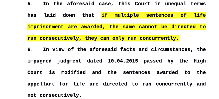 CiteCase's tweet photo. #SupremeCourt reiterates that if multiple sentences of life imprisonment are awarded, the same cannot be directed to run consecutively, they can only run concurrently. https://t.co/StiGoL25F8
