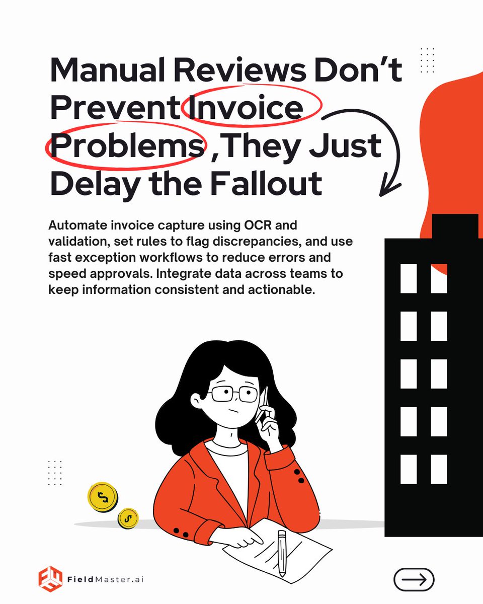 fieldmaster_ai's tweet image. What if invoice disputes never reached your finance team? Real-time validation &amp;amp; linked data speed approvals and protect margins. That’s Fieldmaster.ai’s ROI.
🔗 See how we can help: fieldmaster.ai/contact-us
#InvoiceAutomation #CashFlow #FinanceWorkflow #AccountAutomation