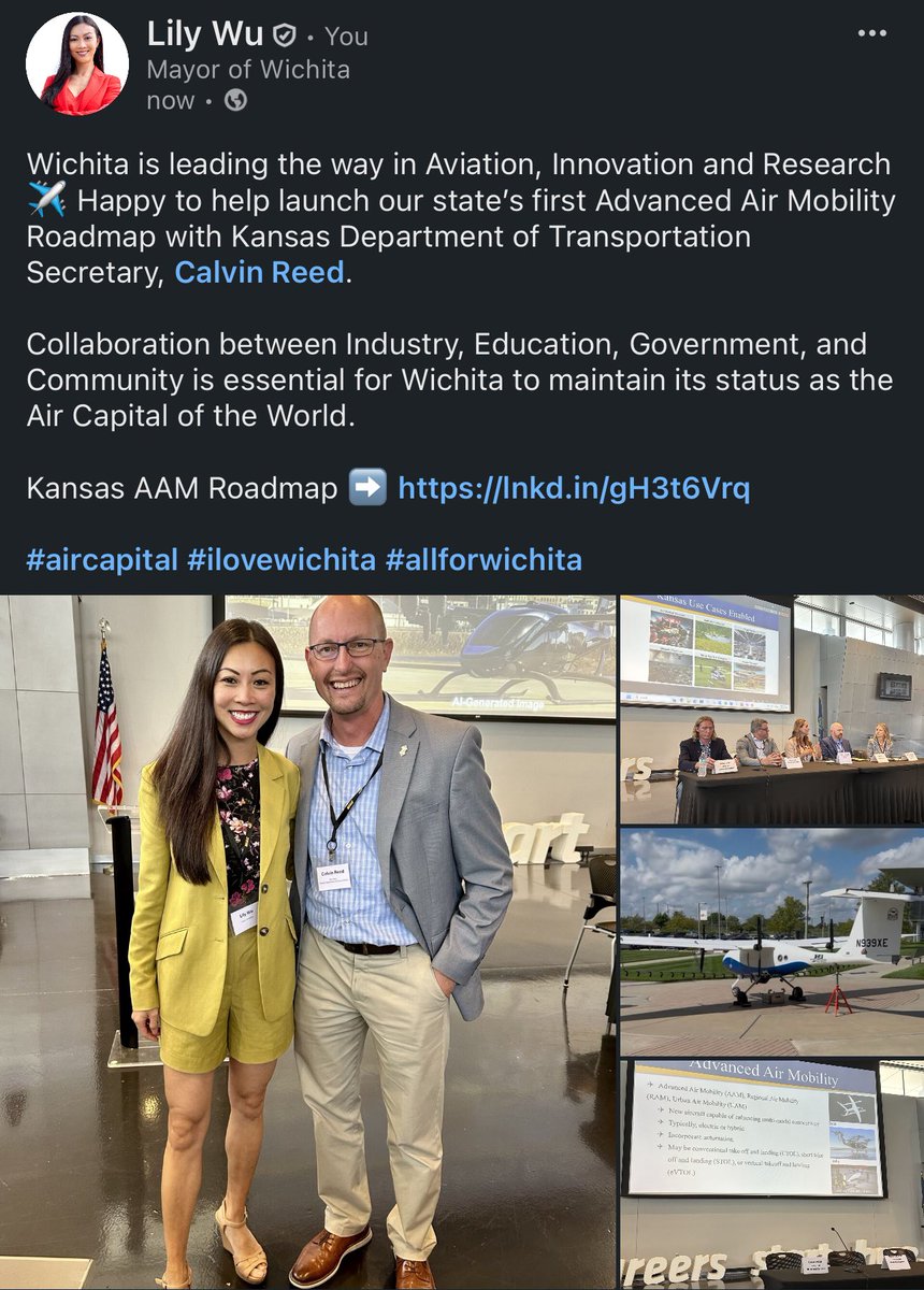 LilyWuKansas's tweet photo. Wichita is leading the way in Aviation, Innovation and Research ✈️ Happy to help launch our state’s first Advanced Air Mobility Roadmap ➡️ https://t.co/Hx1j4OlOlL
#aircapital #ilovewichita #allforwichita https://t.co/4jYw2ga1LV