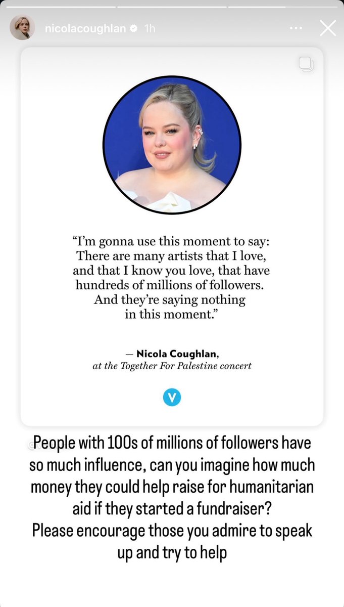 allthingsnicmc's tweet image. Nicola Coughlan shared Vulture’s post on ig stories

“People with 100s of millions of followers have so much influence, can you imagine how much money they could help raise for humanitarian aid if they started a fundraiser? Please encourage those you admire to speak up and try to…