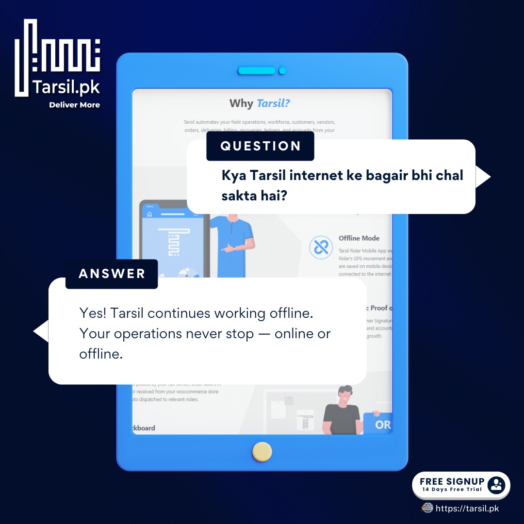 TarsilOfficial's tweet photo. Internet na ho to bhi kaam rukta nahi! Tarsil app chalta hai online aur offline dono modes mein. Stay connected, stay productive!💫

#Tarsil #DeliverMore #OfflineMode #BusinessSolutions #StayProductive #DigitalTransformation #OperationsSimplified #WorkSmart https://t.co/5jgb3p8ttZ