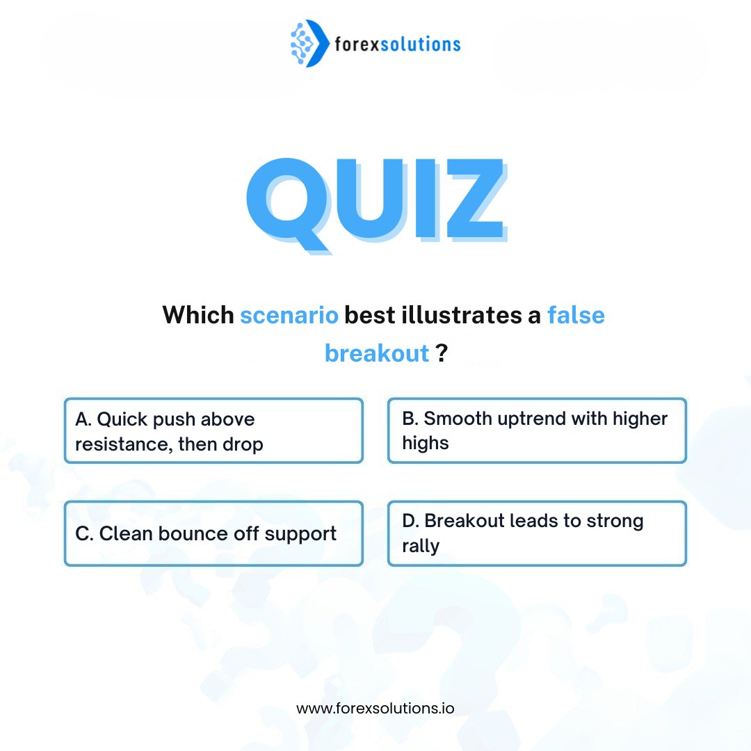 fxsolutionsio's tweet image. 🧠 TRADER QUIZ TIME!
Which scenario best illustrates a false breakout?
👇 Drop your answer in the comments!
#ForexSolutions #TradingQuiz #FalseBreakout #SmartTrading #TraderKnowledge #ForexTips #PropFirmTips