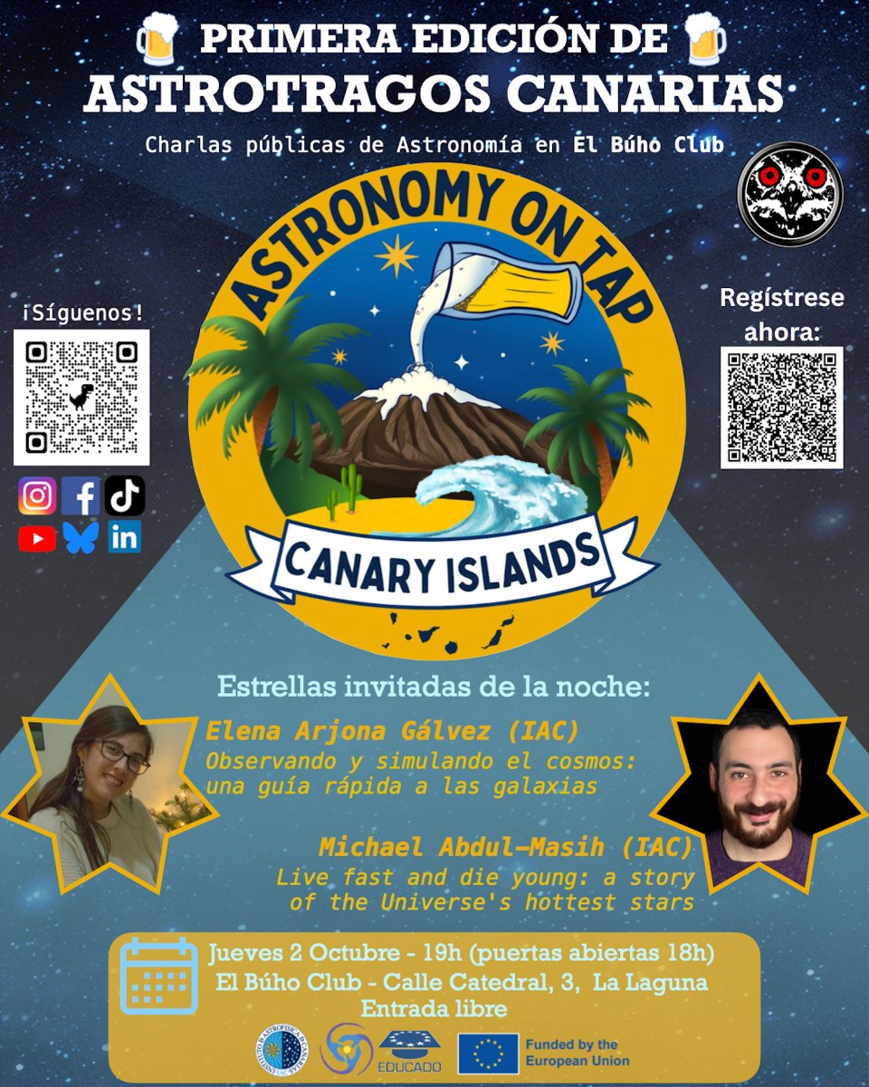 📣 1ª edición en España de #AstronomyOnTap
Charlas, juegos, premios y música, con la participación de personal investigador del IAC y colaboraciones internacionales.

🗓️ 2 octubre · Búho Club (La Laguna)
🕕 19:00 h
🎟️ Entrada libre

👉 iac.es/es/divulgacion…
#AstroTragos