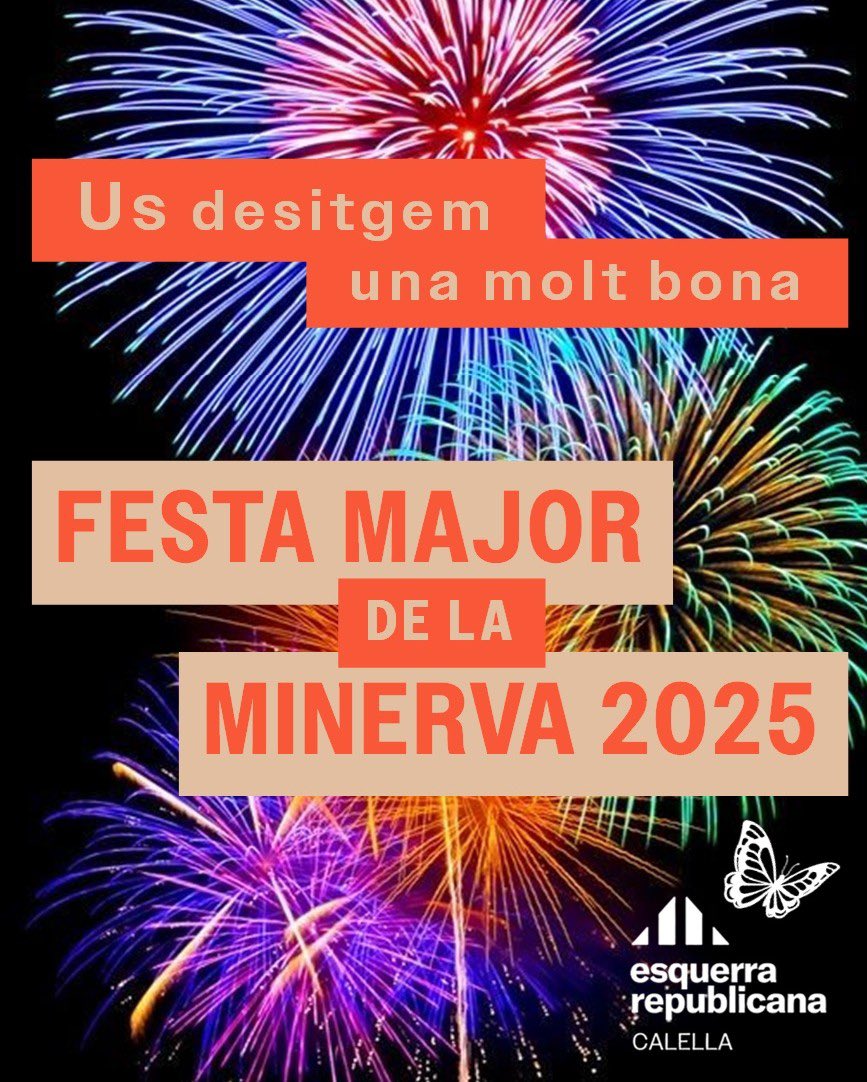 🎉✨ Ja és aquí la *Festa Major de la Minerva 2025!*
Des d’ERC Calella us desitgem que passeu uns dies plens d’alegria, cultura i retrobaments.

Ens trobem pels carrers i places per gaudir-la plegats! 🥳💛

#calella #transformemcalella🦋 #erccalella #festamajor