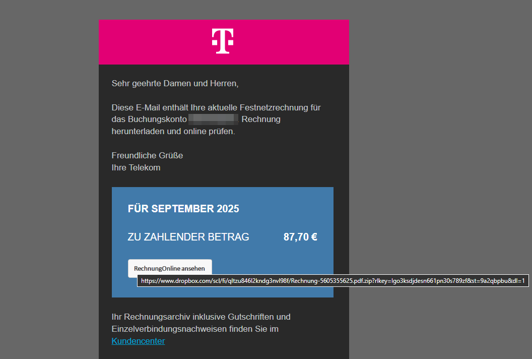 DTCERT's tweet image. 🚨 ALERT: Cybercriminals are sending out fake Telekom invoices via phishing emails to deliver multiple malicious RAT payloads. The activity originates from an attack cluster tracked by Telekom Security under the name "Rodent Weed". 🧵1/6