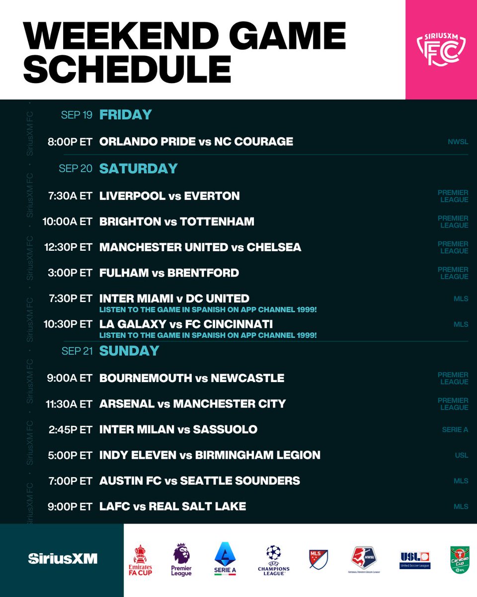 SiriusXMFC's tweet image. What a weekend on SiriusXM FC! 

The Biggest Premier League Matches 

The Serie A Game of the Week

NWSL, MLS &amp;amp; USL! 

Listen all weekend long on @SiriusXMFC 157 &amp;amp; the SiriusXM App - sxm.app.link/siriusxmfc