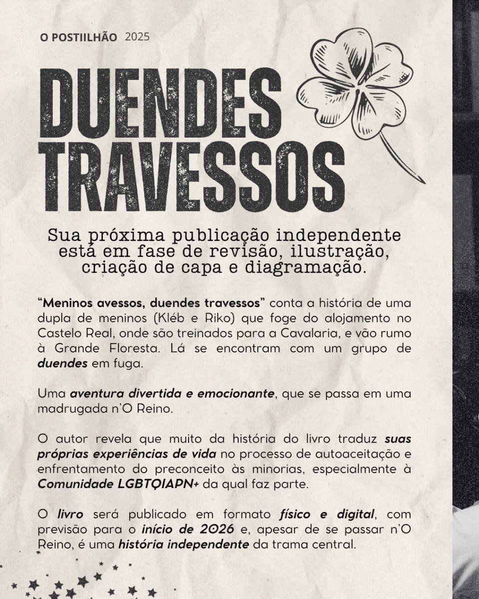 douglasrobberts's tweet photo. 👑 "O Reino"
🍀 "Meninos avessos, duendes travessos", com lançamento previsto para o início de 2026.

Estamos nos preparativos para compartilhar esse momento com vocês! ✨

E aí? Gostaram de conhecer mais sobre quem é esse autor que tem tudo para ficar conhecido nacionalmente? https://t.co/sahsaweRoy