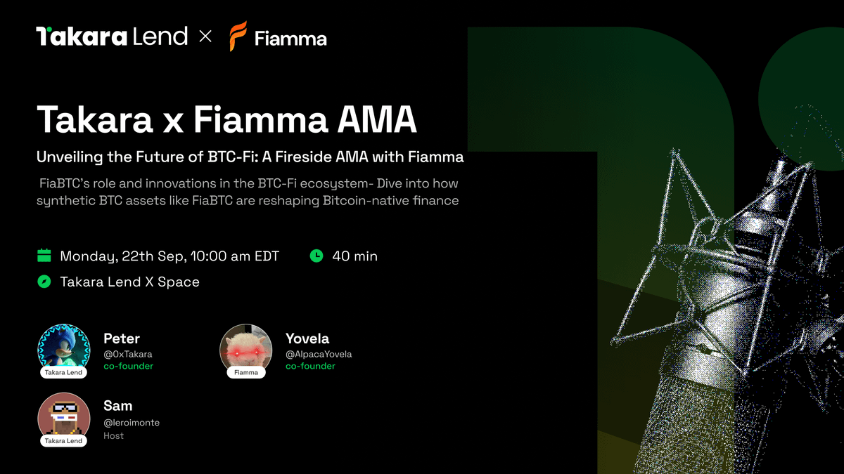 Unveiling the Future of BTC-Fi: Fireside AMA w/ <a href="/fiamma_labs/">𝗙𝗶𝗮𝗺𝗺𝗮 🦙🔥 | 𝗠𝗮𝗶𝗻𝗻𝗲𝘁 𝗟𝗜𝗩𝗘</a>

Since its listing on Takara, FiaBTC has been on 🔥 —supply demand has been incredible. So we’ve invited <a href="/fiamma_labs/">𝗙𝗶𝗮𝗺𝗺𝗮 🦙🔥 | 𝗠𝗮𝗶𝗻𝗻𝗲𝘁 𝗟𝗜𝗩𝗘</a> for a special AMA to:
🔹 Share visions for the future of BTC-Fi.
🔹 Dive into the latest from Takara