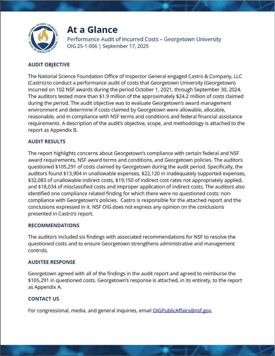 New Report: Performance Audit of Incurred Costs – Georgetown University, 25-06-006, September 17, 2025 (oig.nsf.gov/reports/audit/…)