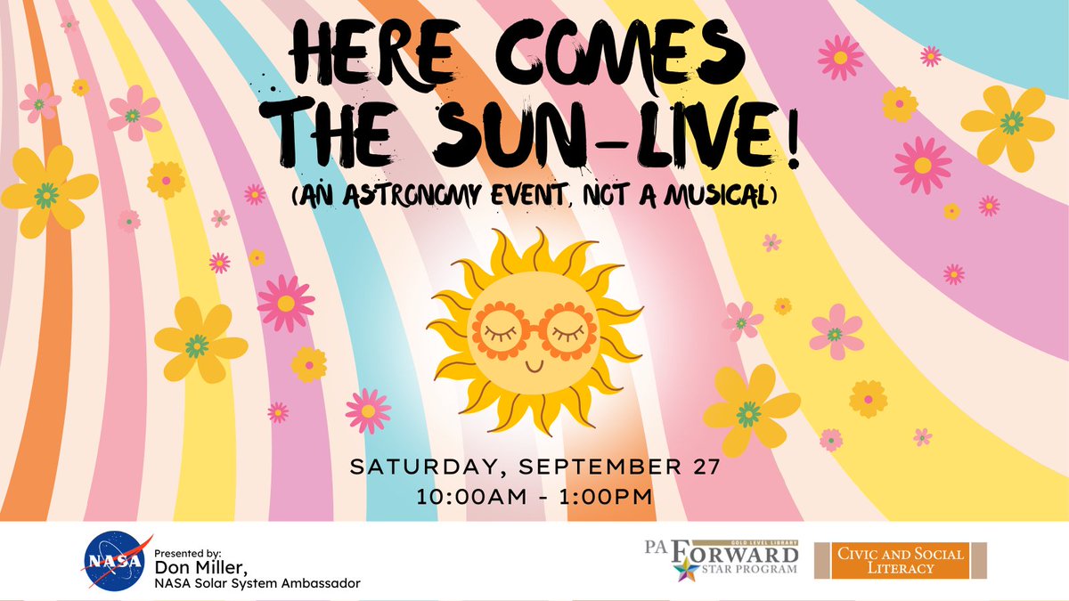 ☀️ Here Comes the Sun—LIVE! Join NASA experts at Chester County Library to safely view the sun’s surface &amp; solar activity through specialized telescopes. Weather-dependent! 📍 Front of building 🗓️ Register: bit.ly/CCLHereComesTh… #NASAAmbassadors