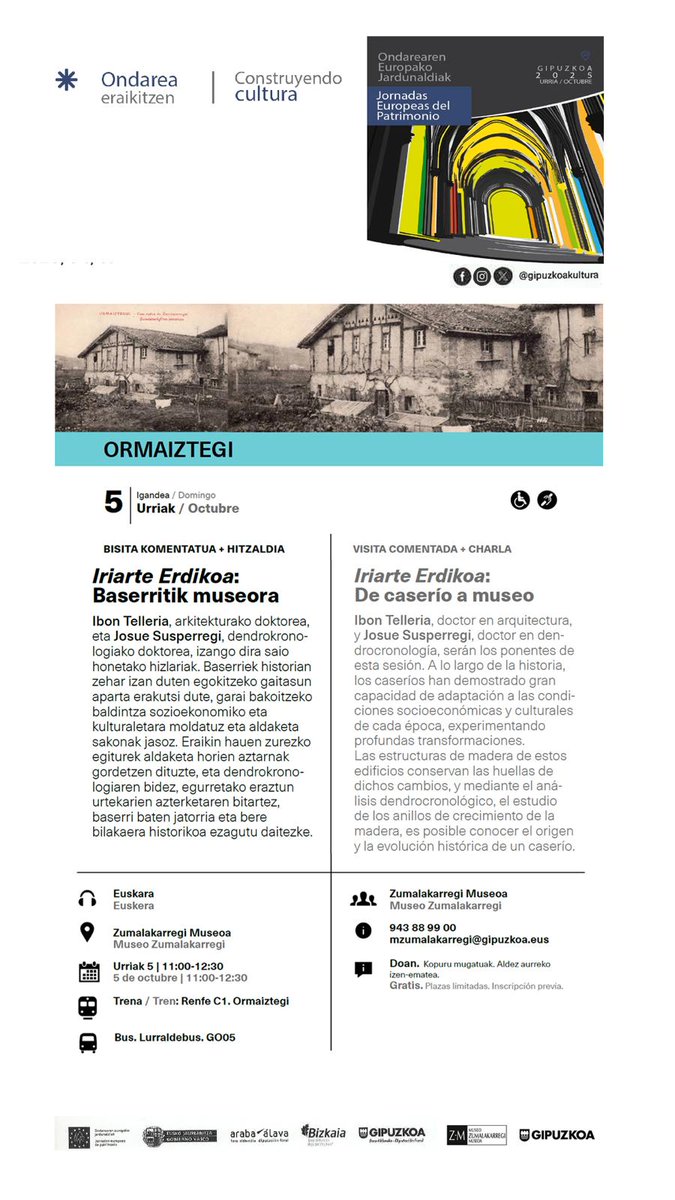 🗿Ondarearen Europako Jardunaldiak bueltan dira

➡️ Ezagutu Iriarte Erdikoa baserria, egun Zumalakarregi Museoa, Ibon Telleria, arkitektoa, eta Josue susperregi, dendrokronologoa

🗓️10/05
🕚11:00-12:30
📋Izen ematea mzumalakarregi@gipuzkoa.eus

🗨️Euskaraz