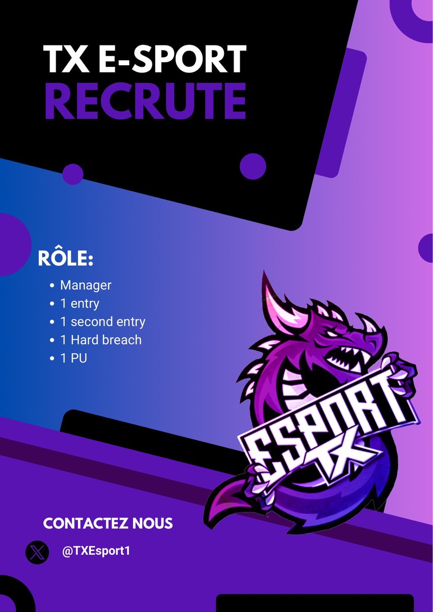 La TX E-sport recrute pour cette nouvelle saison et année 2025-2026 #RainbowSixSiege 

Si vous êtes:
Motivé 
Elo diamant 
Prêt à participer à des tournois et Lan 

N’hésitez pas à nous contacter en priver licence de joueur à la clef avec contrat ( non rémunéré )