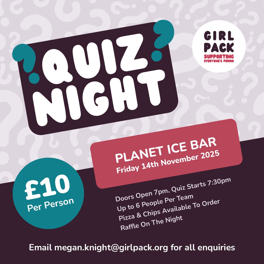 GirlPackMK's tweet image. Feel-Good Friday

Make your Friday feel amazing! 💗 Join our Girl Pack Quiz Night on 14 Nov for food, fun &amp;amp; fundraising!

£10pp = 4 period packs funded 🙌

🎟️ Book here: girlpack.org/product/quiz-e…

#SupportGirlPack #MKEvents