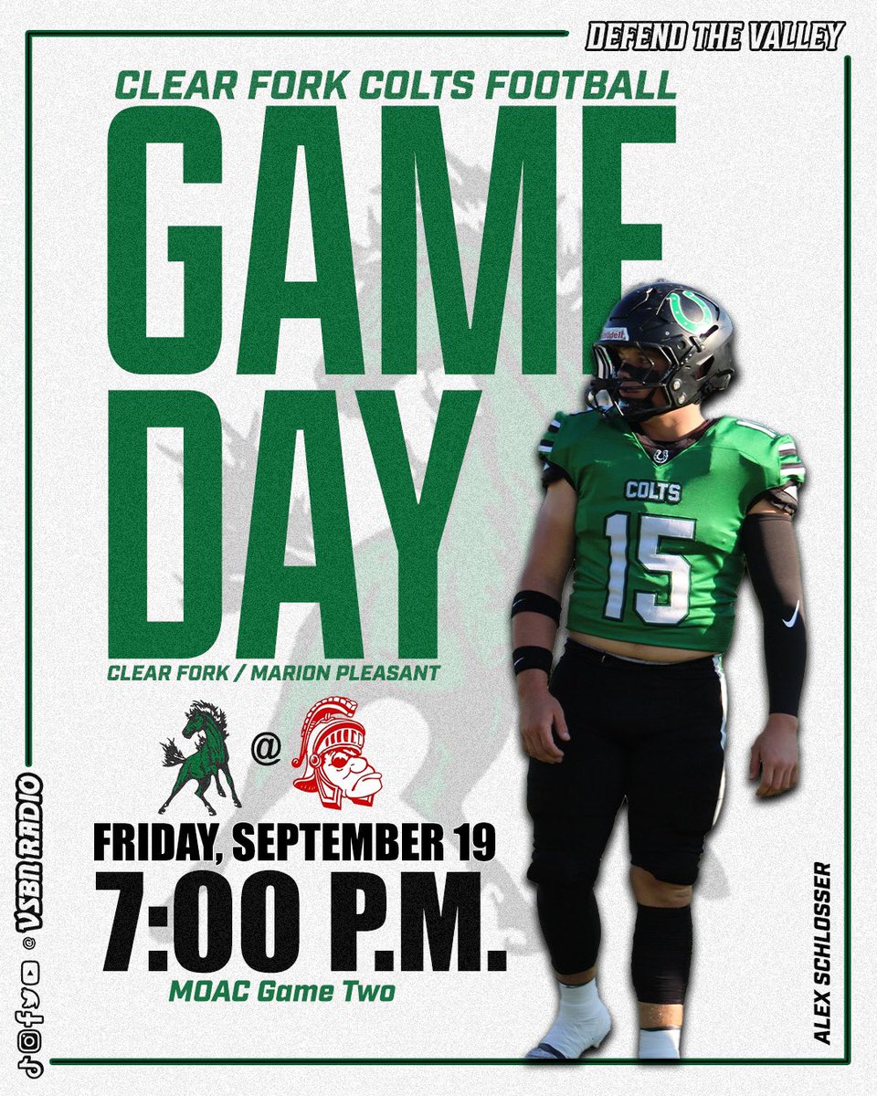 Tune in tonight at 6:40pm as we will have all the action for you on <a href="/vsbnradio/">Varsity Sports Broadcasting Network</a> as <a href="/ClearForkSports/">Clear Fork Athletics</a> travels to <a href="/PHS_SpartansFB/">Pleasant Spartans Football</a> ! #coltpridevalleywide