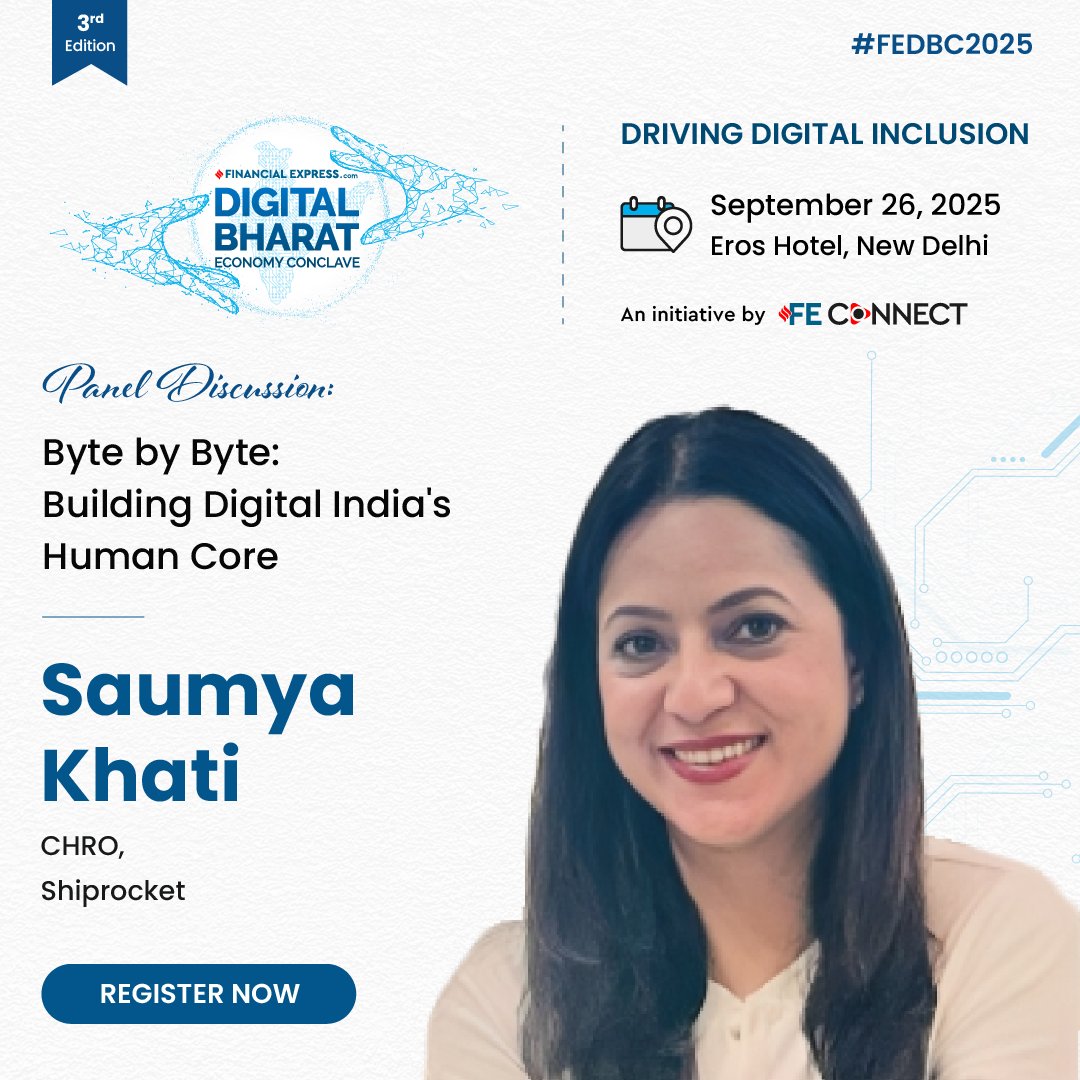 FEBrandWagon's tweet image. Elated to have Saumya Khati, CHRO, @ShiprocketIndia, for the 3rd Edition of the Digital Bharat Economy Conclave.

September 26, 2025 | Eros Hotel, New Delhi
Register Now: shorturl.at/7sPiv

#FEDigitalBharat2025 #FEB2B #DrivingDigitalInclusion #DigitalBharat #FEConnect