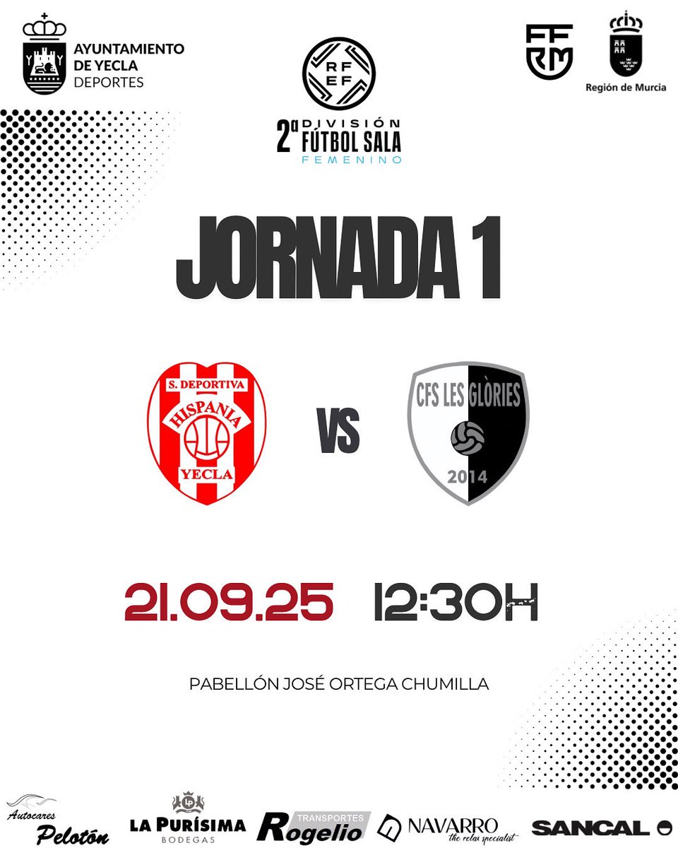 SD. Hispania Yecla (@sd_hispania) on Twitter photo 𝗦𝗘𝗚𝗨𝗡𝗗𝗔 𝗗𝗜𝗩𝗜𝗦𝗜𝗢́𝗡 | 𝗝𝗼𝗿𝗻𝗮𝗱𝗮 𝟭 ⚽️
🔊¡ARRANCA LA LIGA!
📅 Domingo 21
🆚 <a href="/CFSLesGlories/">CFS Les Glòries 2014</a>
⌚️ 12:30h
🏟️ Pabellón José Ortega Chumilla
📍 Yecla
¡A por todas! 💪🏼
#SdHispania❤️🤍 𝗦𝗘𝗚𝗨𝗡𝗗𝗔 𝗗𝗜𝗩𝗜𝗦𝗜𝗢́𝗡 | 𝗝𝗼𝗿𝗻𝗮𝗱𝗮 𝟭 ⚽️
🔊¡ARRANCA LA LIGA!
📅 Domingo 21
🆚 <a href="/CFSLesGlories/">CFS Les Glòries 2014</a>
⌚️ 12:30h
🏟️ Pabellón José Ortega Chumilla
📍 Yecla
¡A por todas! 💪🏼
#SdHispania❤️🤍