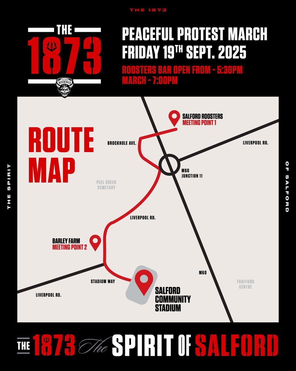 🚨 TONIGHT: THE LAST MARCH 🚨

Salford Red Devils fans unite ❤️💪

📍 Salford Roosters (bar open 5:30pm) – March 7pm
📍 Barley Farm – secondary meeting point

🛣️ To Salford Community Stadium

Be seen. Be heard. Be Salford.

The 1873