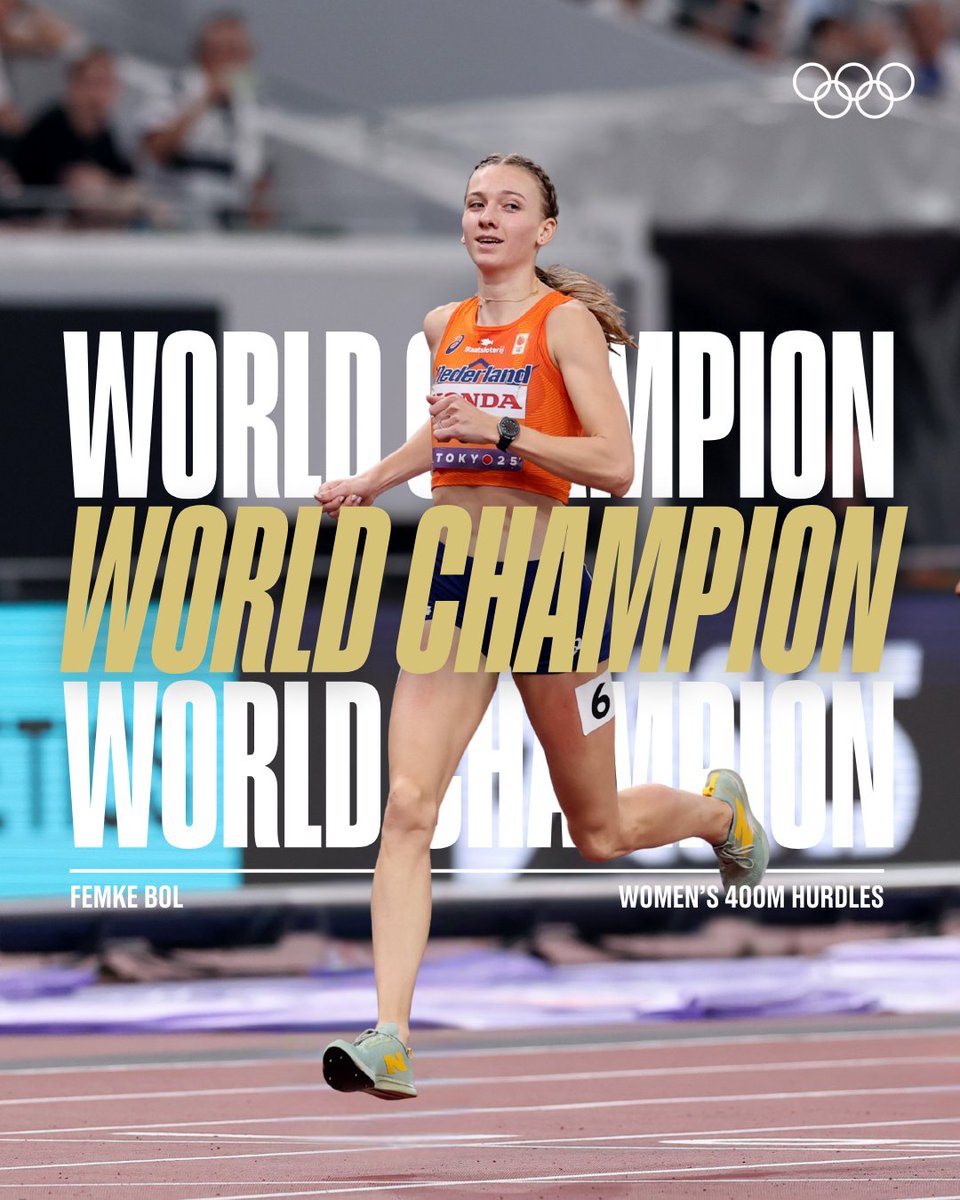 Olympics's tweet photo. Bol goes back-to-back. 🥇 

Femke Bol takes the W in the women's 400m hurdles, her SIXTH #WorldAthleticsChamps medal in total. 

#RoadToLA28 https://t.co/pZanURjE97