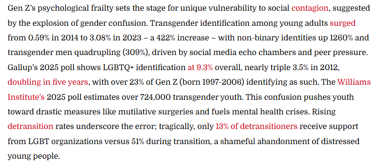 These numbers are staggering.  A 1,260% increase in non-binary identities in last 10 years. Nearly 1 in 4 members of GenZ now identify as LGBTQ+.  We've never seen an institutional mass hysteria/mass contagion like this.