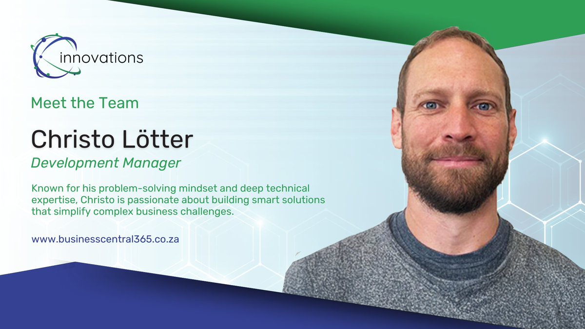 InnovationsCS's tweet image. Meet Christo Lötter, our #DevelopmentManager with 23 years of ERP expertise Problem-solver, tech wizard, & nature lover. From Business Central to SQL he builds smart solutions with dry humour & mountain spirit. zurl.co/FbfDe #MeetTheTeam #Innovations #BusinessCentral36