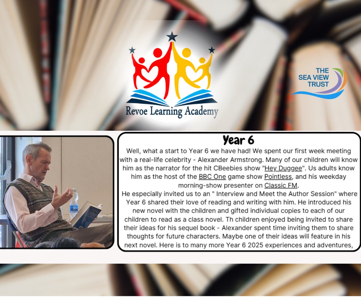 ✨Revoe Learning Academy's Year 6 had a special guest, Alexander Armstrong: Actor, author &amp; T.V host!✨
We had an "Interview and Meet the Author Session". He introduced his new novel with the children &amp; gifted individual copies to each of our children to read as a class novel 📚