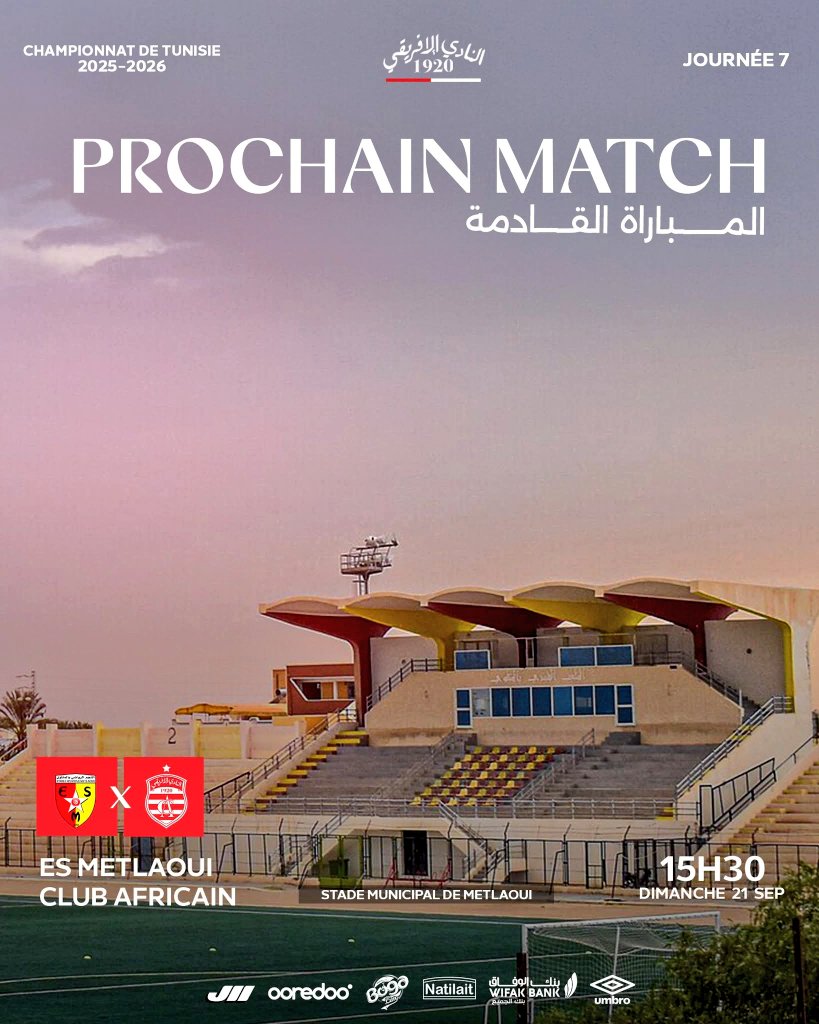 TeamCA_Officiel's tweet photo. ⚽️ 𝐍𝐄𝐗𝐓 𝐌𝐀𝐓𝐂𝐇

🏆 Ligue 1
🇹🇳 7ème journée
🆚 ES Metlaoui 
🏟️ Stade Metlaoui 
📆 Dimanche 21 Sept.
🕞 15H30
📺 Alwatania 2

#ESMCA https://t.co/B1sShQJAqw