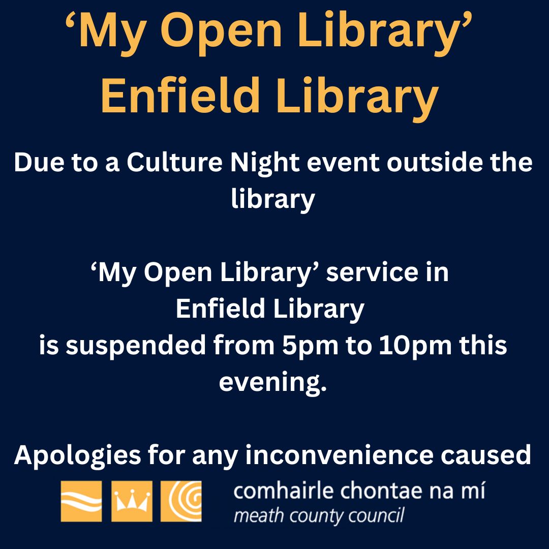 Due to a Culture Night Event outside the Enfield library, the My Open Library Service is suspended from 5pm to 10pm this evening. Apologies for any inconvenience caused.