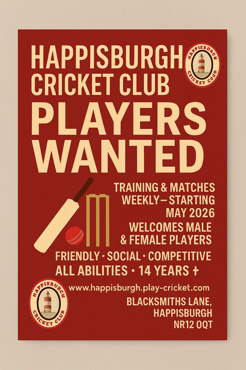 🏏 PLAYERS WANTED! 🏏
💪Training &amp; matches weekly — starting May 2026 
👋We welcome male &amp; female players, all abilities, 14+ 
⚡ Be part of a friendly, social &amp; competitive club
📍 Happisburgh Cricket Club
🌐 happisburgh.play-cricket.com
👉 Drop us a message if interested ❤️