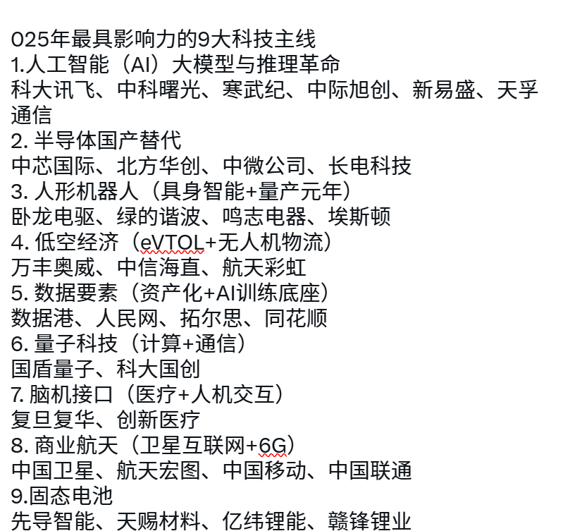 025年最具影响力的9大科技主线
1.人工智能（AI）大模型与推理革命
科大讯飞、中科曙光、寒武纪、中际旭创、新易盛、天孚通信
2. 半导体国产替代
中芯国际、北方华创、中微公司、长电科技
3. 人形机器人（具身智能+量产元年）
卧龙电驱、绿的谐波、鸣志电器、埃斯顿
4. 低空经济（eVTOL+无人机物流）