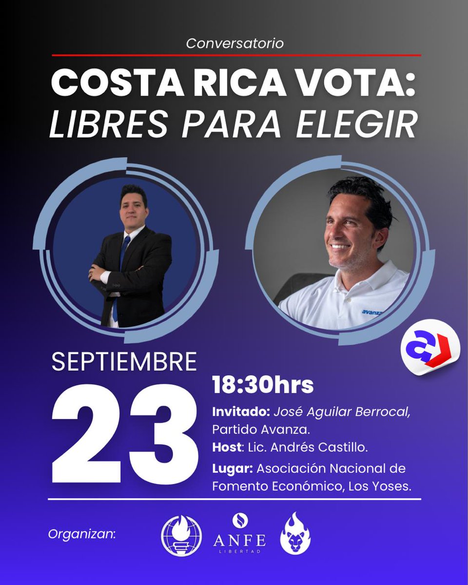 EsLibertadCR's tweet image. 📣 Los invitamos al conversatorio: ”Costa Rica Vota: Libres para elegir” 🗳️🇨🇷

✅ Invitado: Jose Aguilar, candidato de Avanza.

📥 Reserva de espacio:  forms.gle/AHp2o1e2nSG7fA…

Nota: Solo se aceptará a personas que se hayan registrado en el formulario.

Los esperamos!