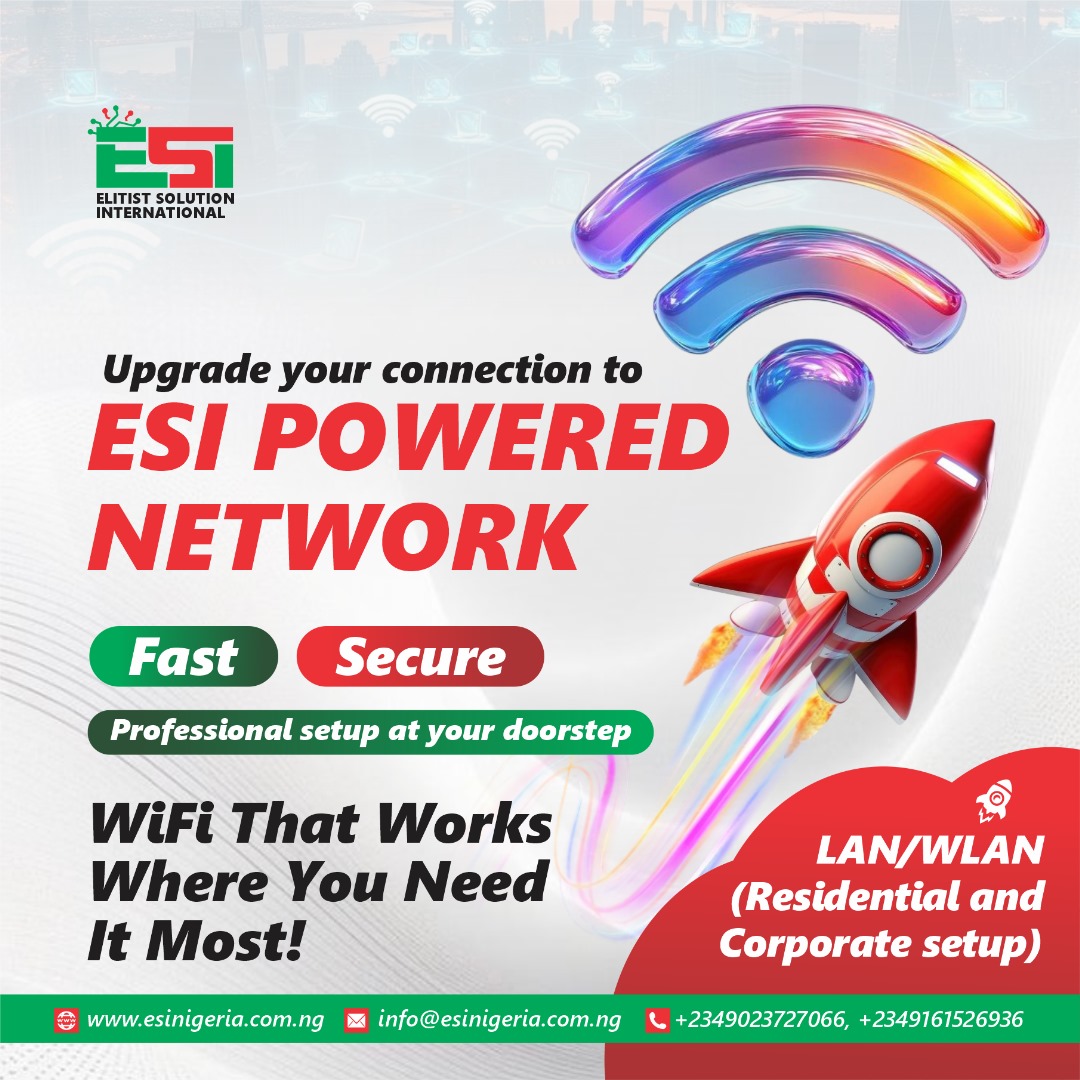 ESI_Elitist's tweet photo. STAY CONNECTED⚡
Your last WiFi setup may have disappointed you.
ESI Nigeria gets the job done giving you fast seamless network connection and no worries at all. 

#itsolutions #esinigeria #wifi #seamless #businessinternet #reliable #coperatewifi #company #stayconnected #SGEvGS https://t.co/IbYS1Dsds8