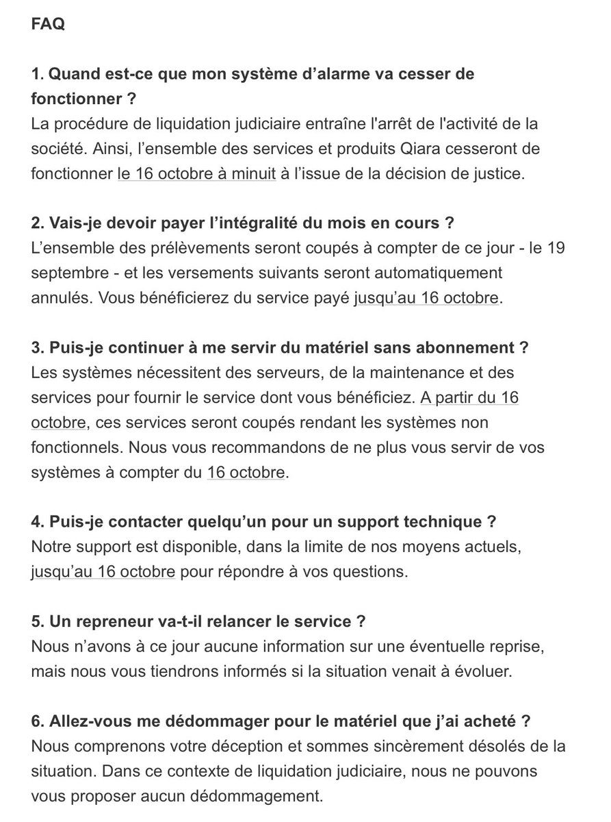 🚨Qiara, c’est fini !  

Qiara (alarme et télésurveillance) entre en liquidation judiciaire à partir du 16 octobre !  

À partir de cette date, Qiara entraînera l'arrêt immédiat de tous les services !  

Merci <a href="/avyxears/">Avyxears</a> pour l’info !