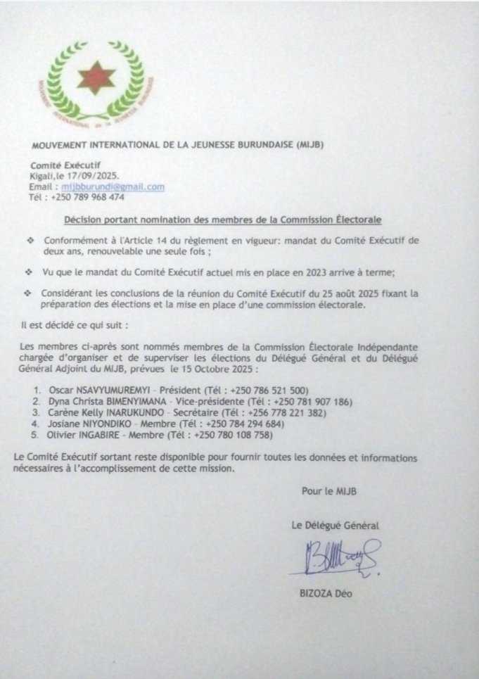 Le MIJB s’apprête à élire sa 5e équipe du Comité Exécutif, attendue depuis 2016.
Un rappel fort : notre mouvement reste fidèle à la voie démocratique, moteur de l’unité et de la jeunesse burundaise.  #MIJB #Démocratie #Jeunesse
