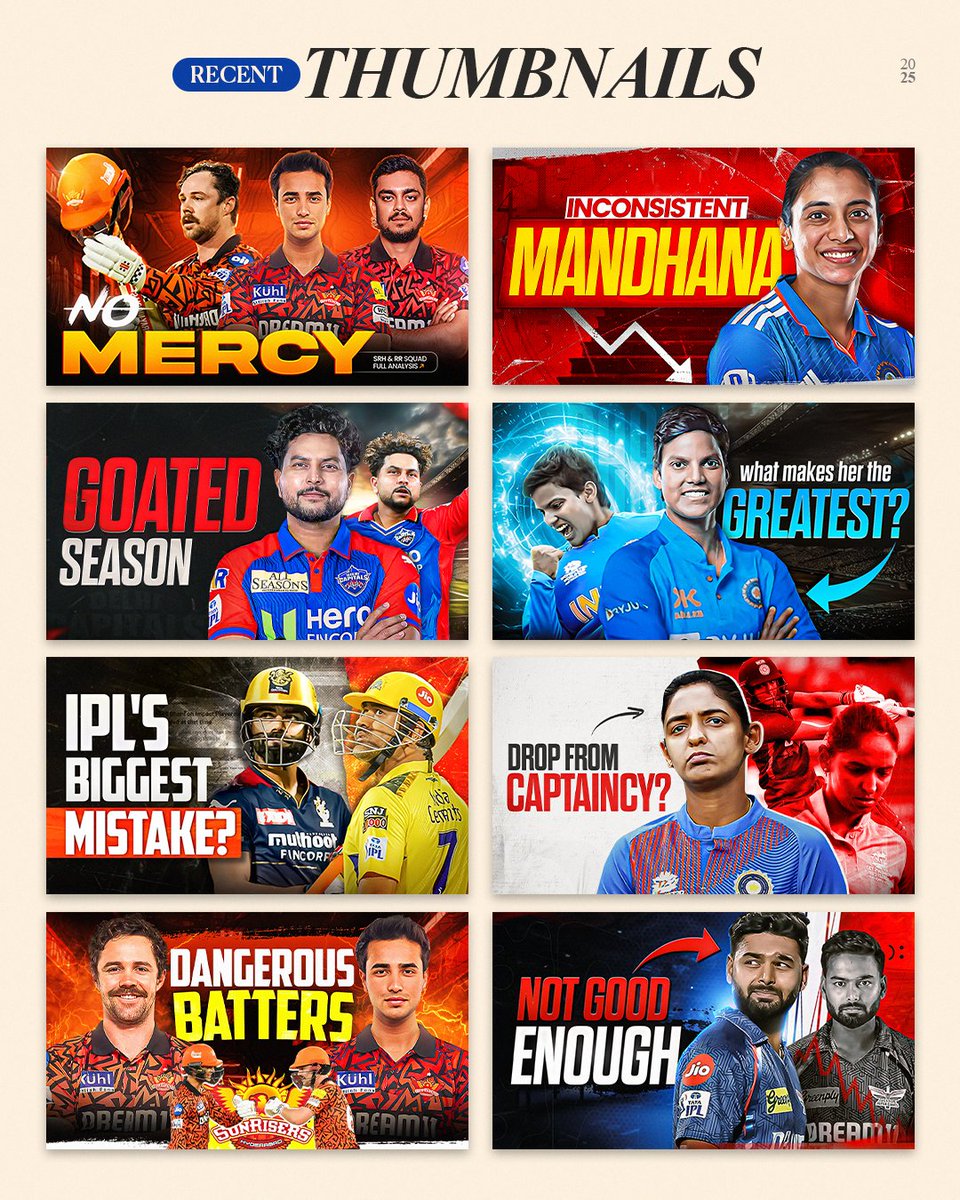 chitramdesigns's tweet photo. In the world of sports content, a great thumbnail can make all the difference. I've been focusing on capturing key moments and questions that drive clicks and conversations.
What do you think of this collection?
#thumbnaildesigns #graphicdesigner #youtubethumbnail https://t.co/Idv8QTYtoG