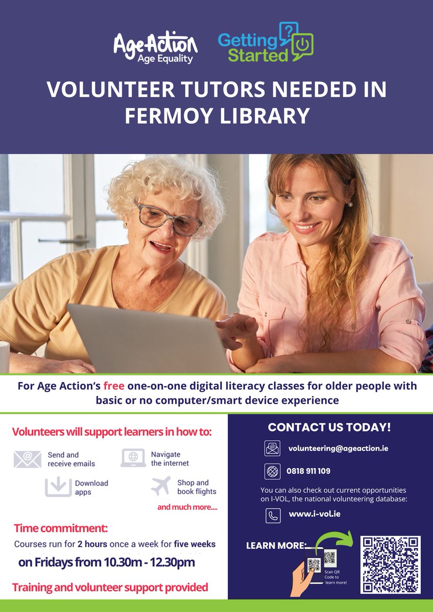 corkcolibrary's tweet image. Age Action are seeking Volunteer Tutors for their One-on-One Digital Literacy classes in #FermoyLibrary.

Are you interested?
Full training and tutor support provided.

Contact Fermoy Library or Age Action on 0818 911 109 for more information.

#AgeAction
#DigitalInclusion…