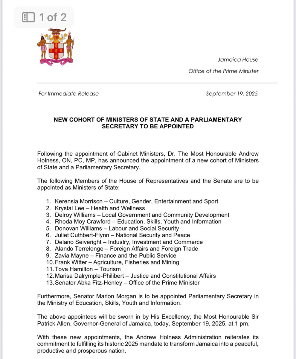 #BreakingNews: New cohort of Ministers of State and a Parliamentary Secretary to be appointed.